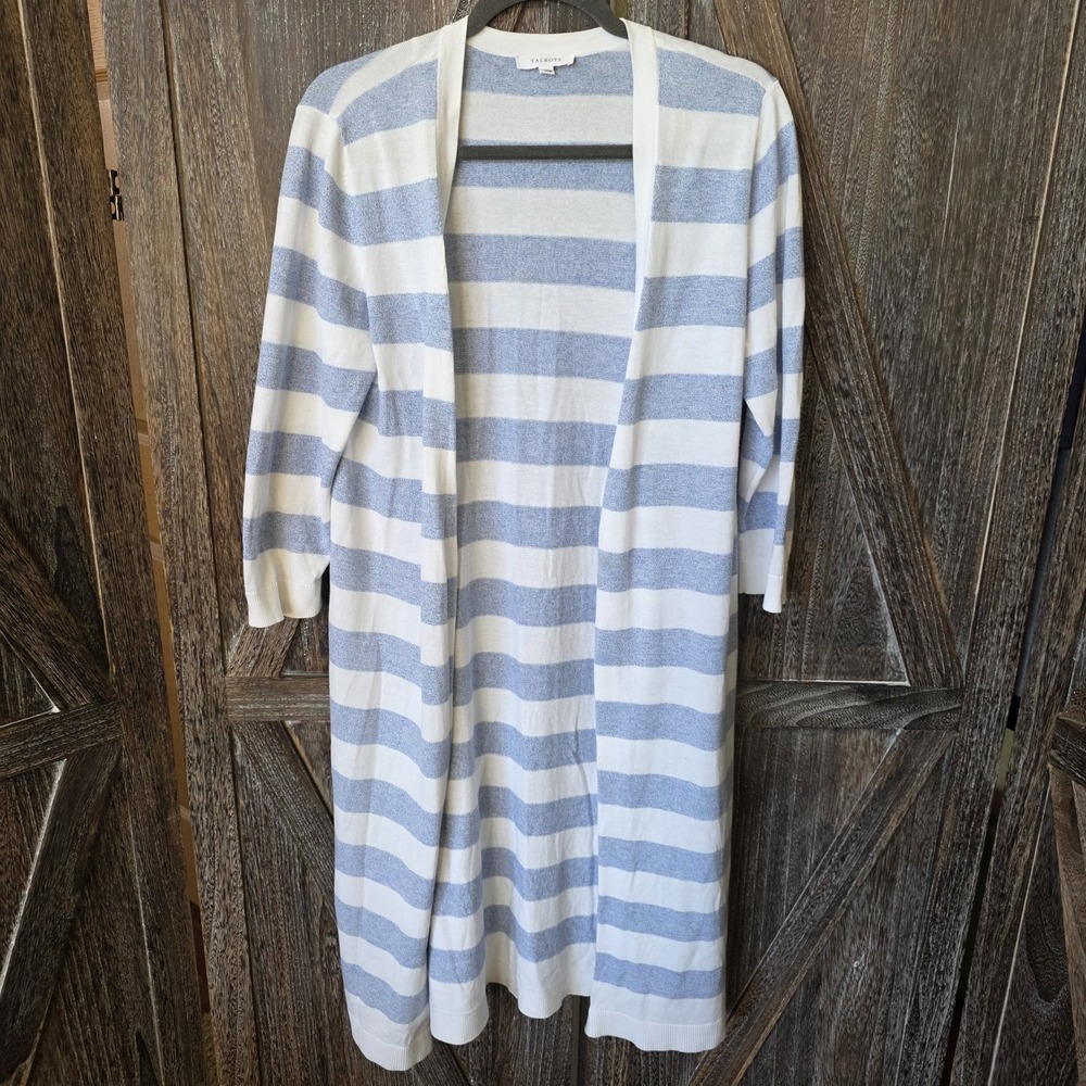 Talbots Cardigan Women's‎ Size Medium Blue & White Striped Long Lightweight Pima